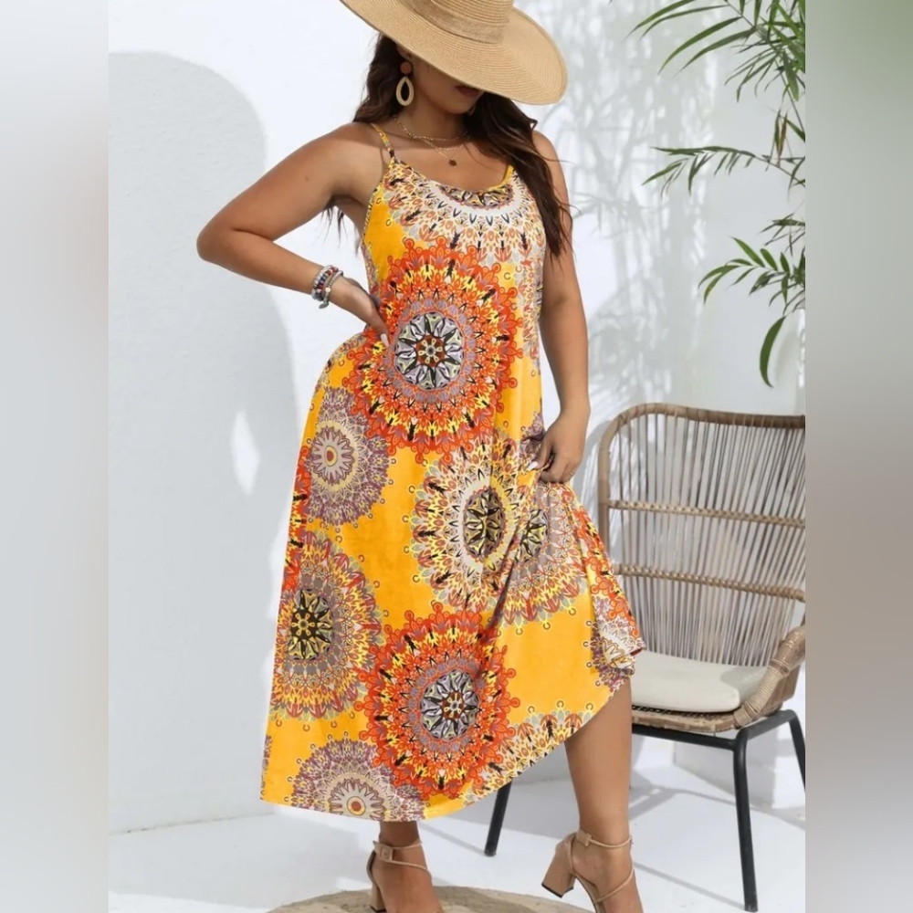 Flowy Plus Size Maxi Dress with Mandala Design - Picture 3 of 5
